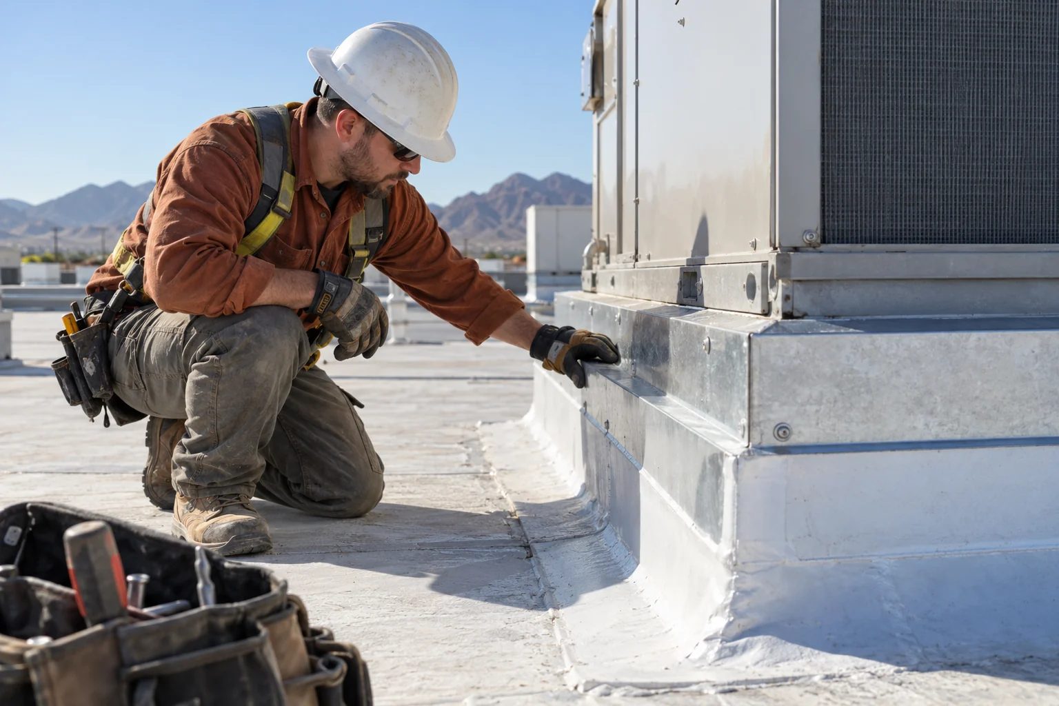 Gloved roofer checking metal counterflashing around an HVAC curb