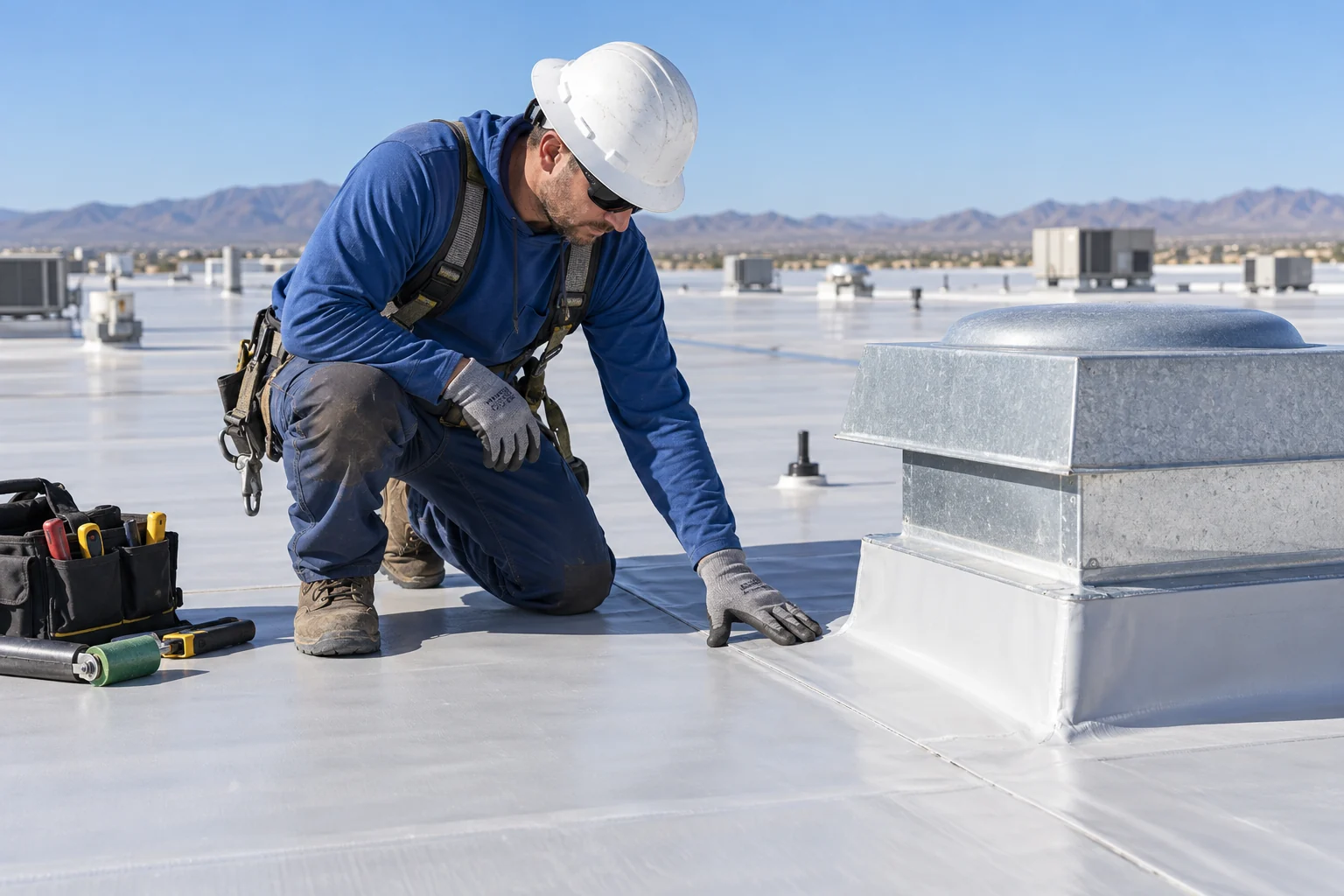 Roofer checking a membrane seam beside a rooftop vent