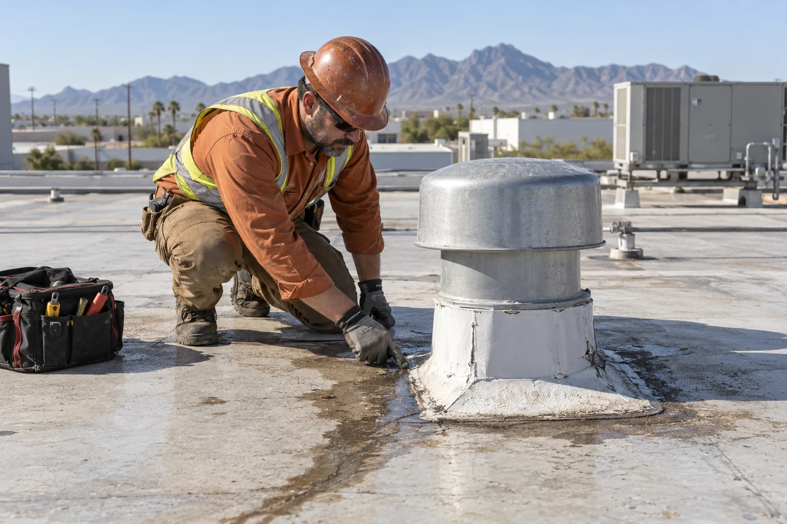 Roof technician tracing a leak path around a commercial roof vent flashing