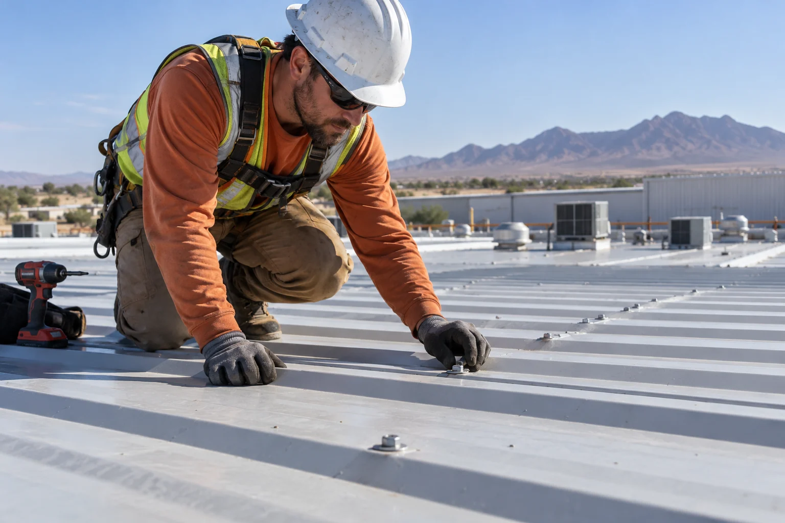 Roof technician inspecting fasteners on a low-slope metal warehouse roof