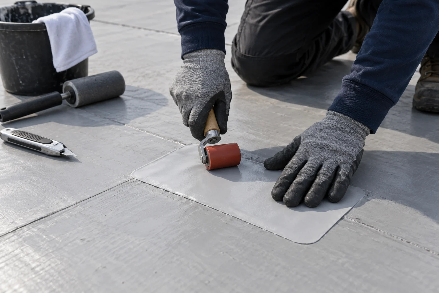 Hands rolling a membrane repair patch on a flat commercial roof